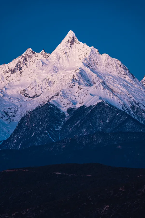淡粉色雪峰立在深蓝天空下,山脚林地与前景渐入暮色。